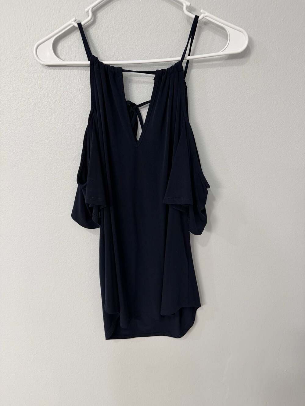 Venice M. Cold Shoulder Navy Blue Ruffle Sleeve Blouse Top